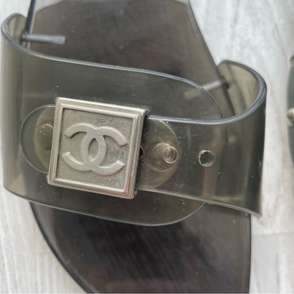 Chanel translucent grey black open toe plastic slides size 38 silver hardware - Picture 2 of 5